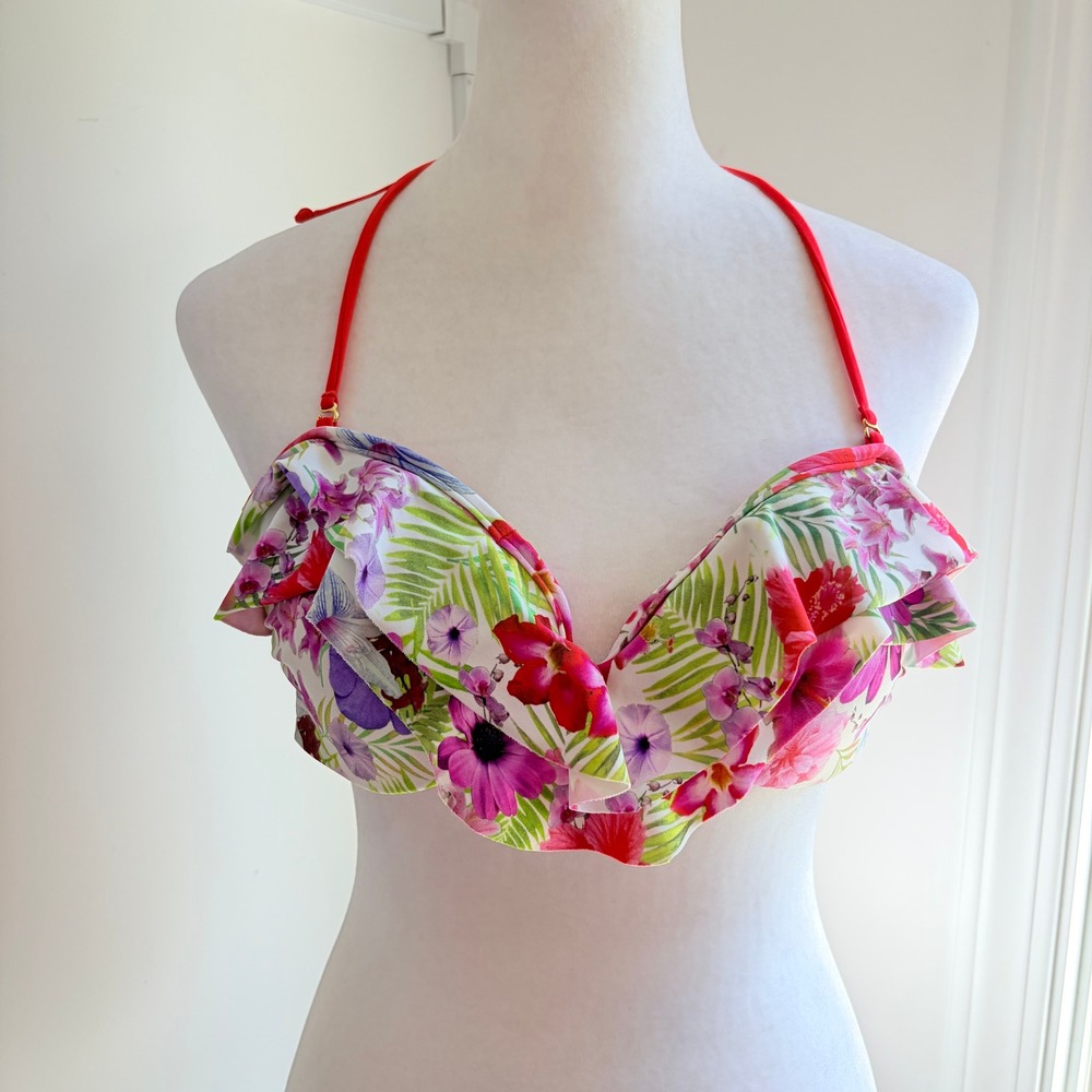 Malai Bikini Top Medium Floral Ruffle Tropical Halter or Strapless Swimsuit Pink